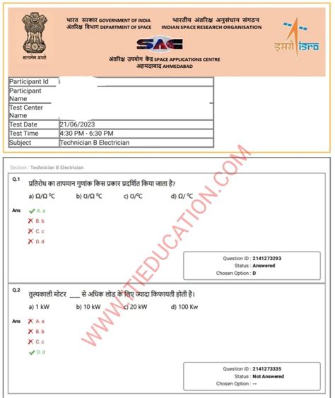 ISRO SAC Technician B Question Paper 2023 ITI Education