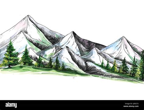 Hand Draw Landscape Colorful Sketch Mountain Watercolor Background