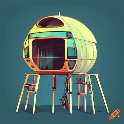 Retro Futuristic Technical Drawing Of A Unique Living Pod With Landing