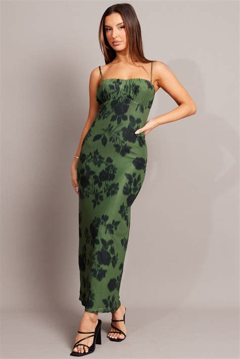 Green Floral Bodycon Dress Singlet Midi Ally Fashion