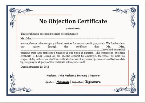 No Objection Certificate Templates Free Printable Word Pdf Formats