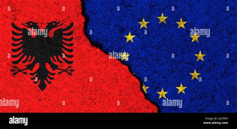 Europe Union And Albania Flags Relationships Partnership And