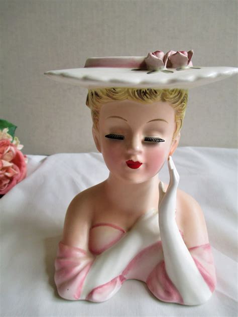 Vintage Lefton Lady Head Vase Exquisite Pink And White With Brimmed Hat