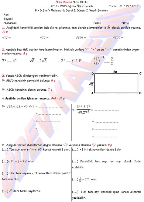 Sinif Matematik Dersi D Nem Yazili Sinav Sorulari Ve Cevaplari