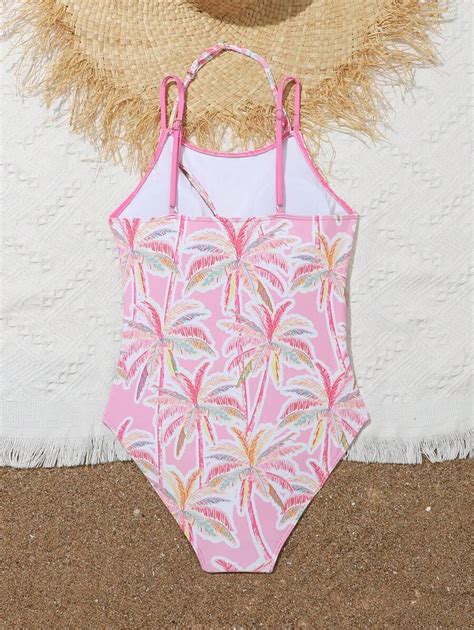 Tween Girls Coconut Tree Print Spliced One Piece Swimsuit Shein Usa