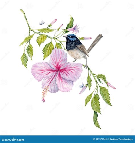 Watercolor Pink Hibiscus Flower With Green Leaves And A Bird Hand