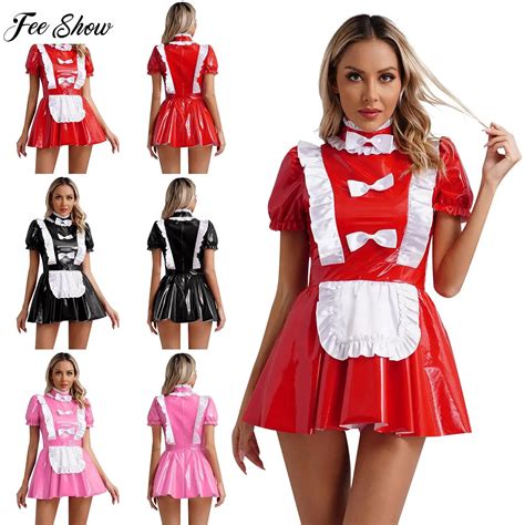 Womens Glossy Patent Leather French Maid Dress Ruffles Trims Bow Apron