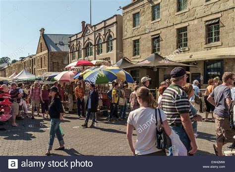 People shopping at stalls at the Salamanca Market, Hobart, Tasmania ...