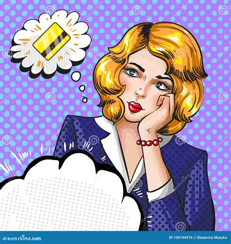 Vector Pop Art Illustration Of Woman Thinking About Credit Card Stock