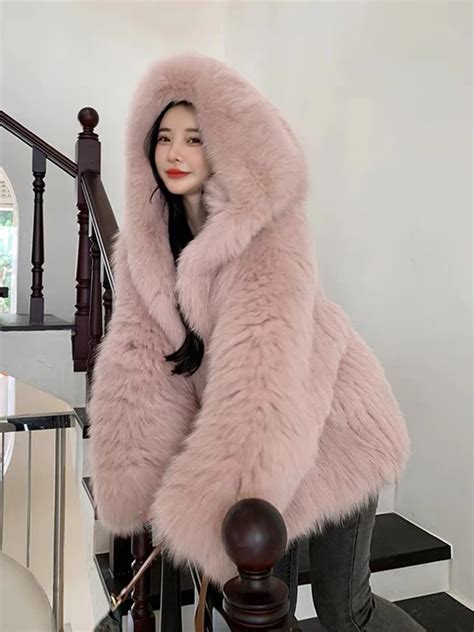 Women Winter Thick Fluffy Real Fox Fur Loose Oversize Coat Big Fur Hood