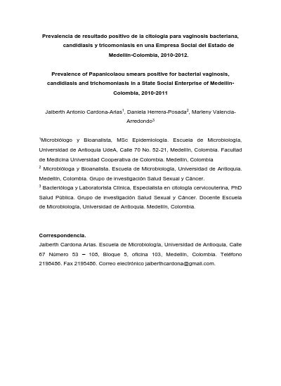 Prevalencia De Resultado Positivo De La Citolog A Para Vaginosis