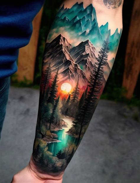 Tattoo mountains forest river sunrise in color release on the forearm ...