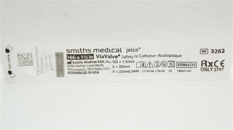 Smiths Medical 3262 Jelco Viavalve Safety Iv Cath Radiopaque 16g X 1 1