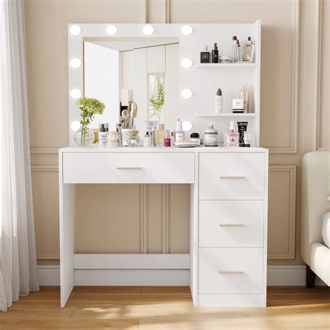 Ebern Designs Makeup Vanity Table with Lighted Mirror, Vanity Desk with ...