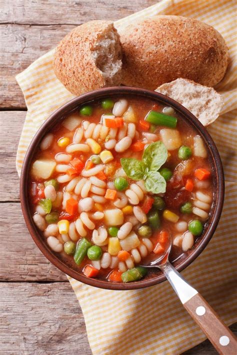 Minestrone Soup Bread Table Vertical Top View Stock Photos Free