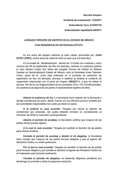 Insedente De Suspencion Completo Sección Amparo Incidente de