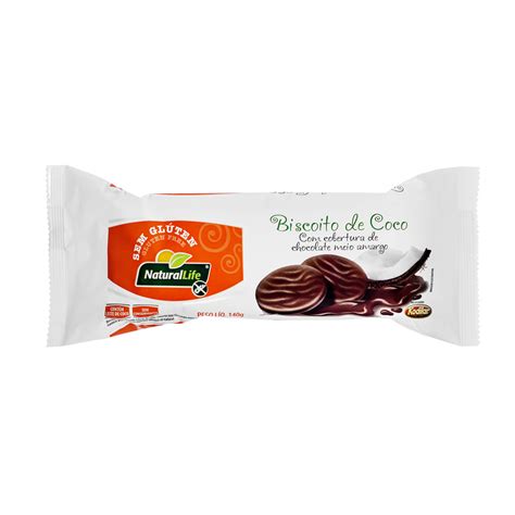 Biscoito Sabor Coco Coberto Chocolate Meio Amargo Sem Glúten 140g