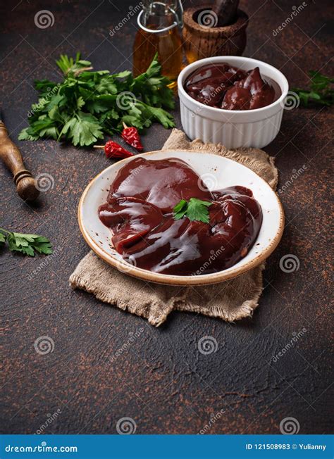 Raw Uncooked Liver And Spices For Cooking Stock Image Image Of Meat