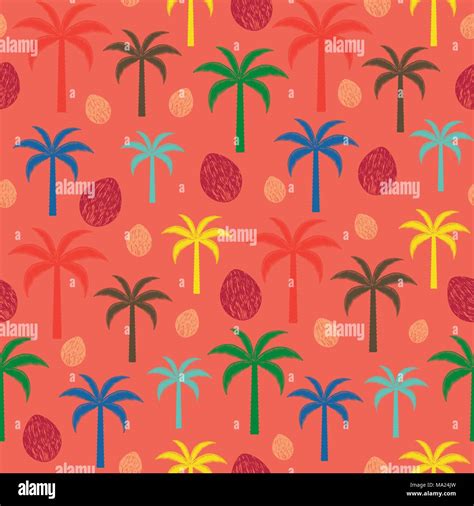 Colorful Palm Trees And Coconuts Vector Seamless Pattern Background