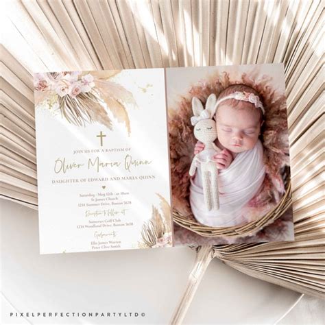 Editable Pampas Grass Baptism Invitation Bohemian Baptism Invitation Boho Baptism Christening