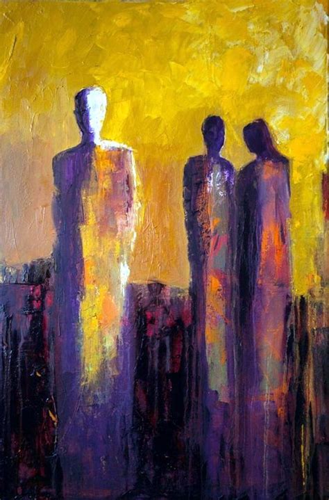 An Abstract Painting Of Three People Standing In Front Of A Cityscape