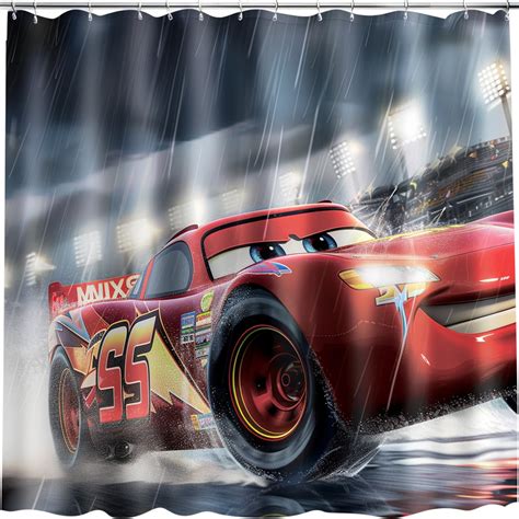 Cars Lightning Mcqueen Racing Car Shower Curtain Highspeed Action In