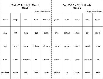 Bingo 2nd 100 Fry Sight Words By Eduprintables TPT