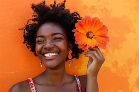 Premium Photo Smiling African American Woman Holds Up Flower