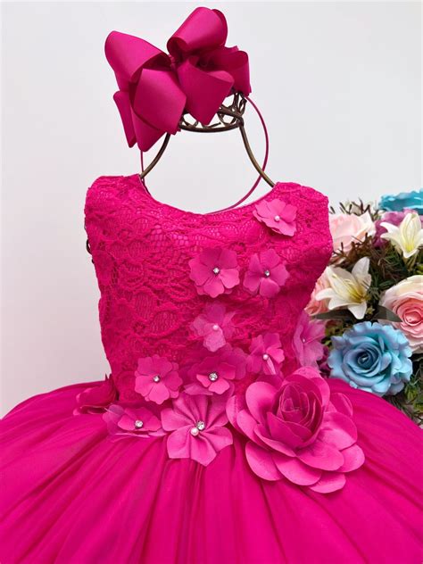 Vestido Infantil Pink Rendado Luxo Flores Em Aplique Elo