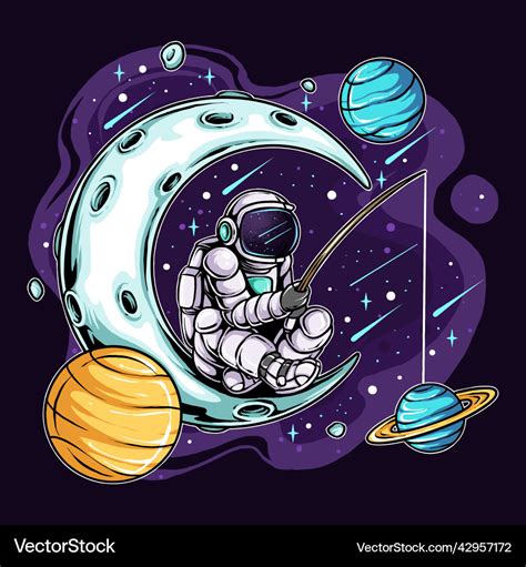 Astronaut Fishing On The Moon In Space Between Vector Image