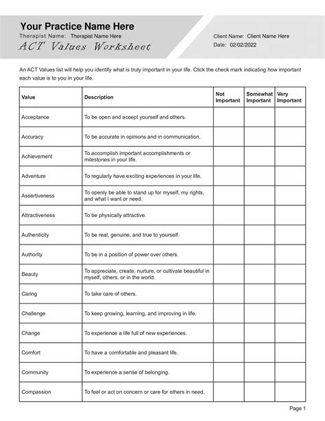 ACT Values Worksheet PDF Template