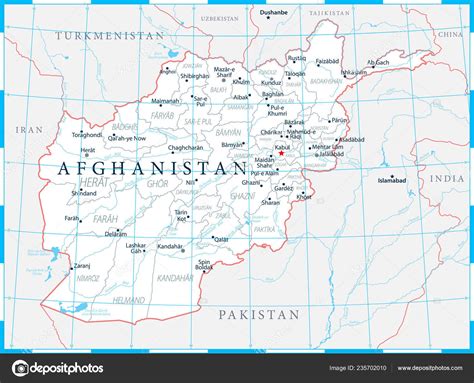 Afghanistan Map Political Capital Cities Rivers Lakes Detailed Vector ...