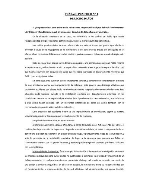 TP 1 Daños 90 aprobado TRABAJO PRACTICO N º 1 DERECHO DAÑOS Se