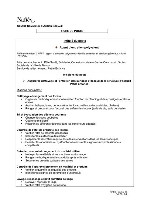 Fiche De Poste Agent De Restauration Scolaire