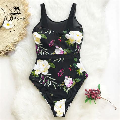 Cupshe Lotus Floral Print And Mesh Patchwork One Piece Swimsuit Women O