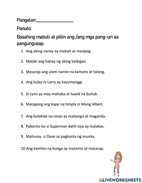 Pagkilala Sa Pang Uri Worksheet