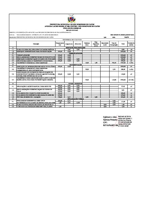 Memoria De Calculo Prefeitura Municipal De S O Domingos Do Capim