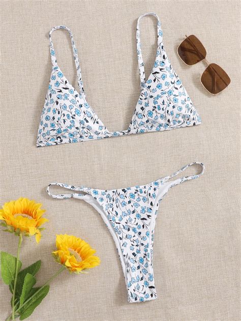 SHEIN Swim Mod Ditsy Floral Bikini Set Triangle Bra Thong Bottom 2