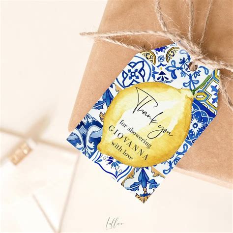 Lemon Bridal Shower Favor Tags Template Italian Blue Tiles Etsy