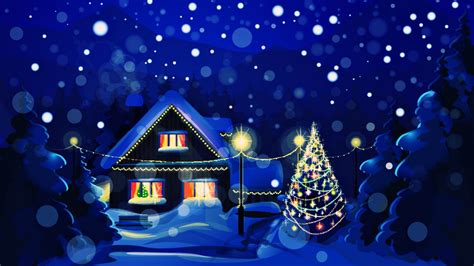 House And Decorated Christmas Tree In Blue Background HD Christmas ...