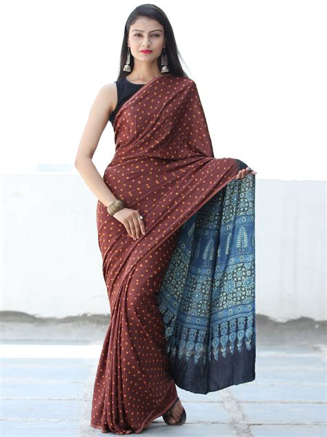 Ajrakh Hand Block Printed Modal Silk Saree At Indubindu