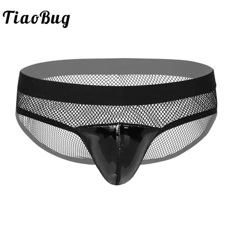 Men Sheer Fishnet Splice See Through Bikini Briefs Low Waist Black