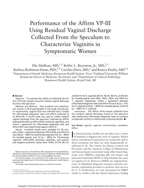 Pdf Performance Of The Affirm Vp Iii Using Residual Vaginal Discharge