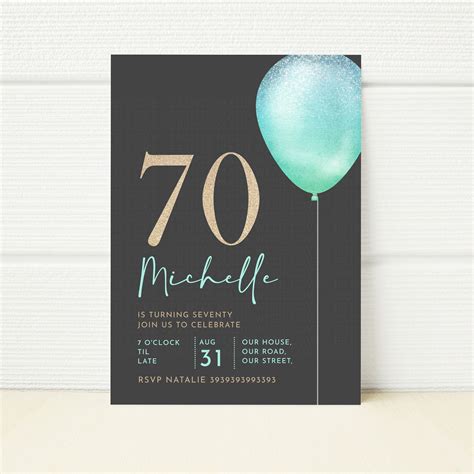 Editable 70th Birthday Invitation Party Minimalist Teal Gold Printable