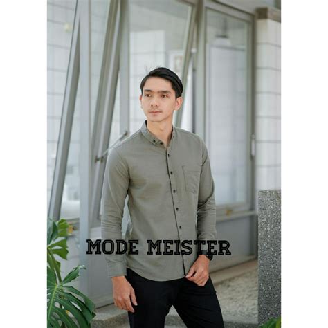 Jual Kemeja Polos Pria Kasual Lengan Panjang Slimfit Warna Sage Green