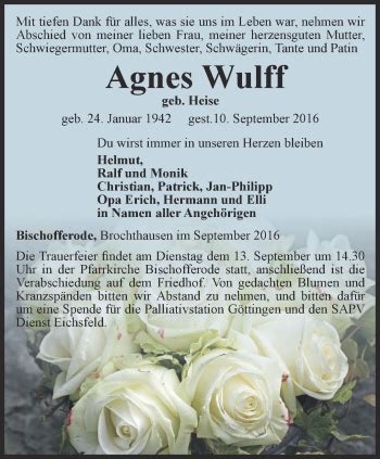 Traueranzeigen Von Agnes Wulff Trauer In Thueringen De