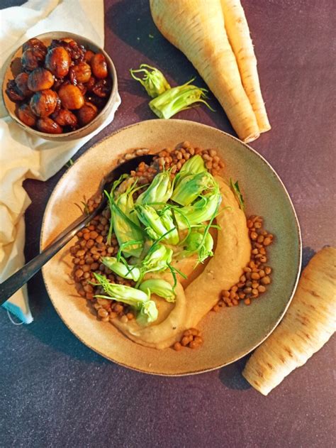 Puntarelle Mit Pastinaken P Ree Glasierten Maronen Und Linsen Vegan