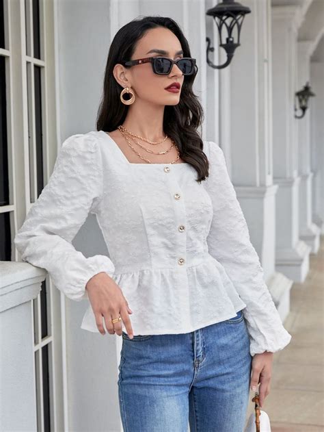 White Elegant Long Sleeve Polyester Plain Peplum Embellished Non Stretch Springfall Women Tops