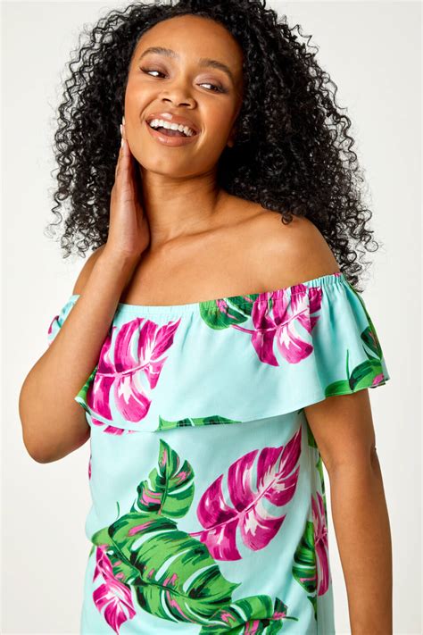 Blue Petite Tropical Print Bardot Top Roman UK