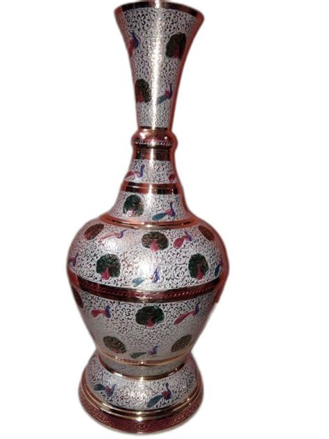 Handicraft Colored Peacock Printed Brass Flower Vase Size Large At Rs